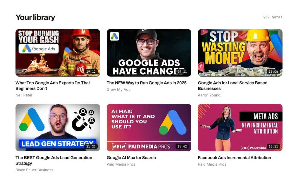 The BetterMarketer.ai library: saved videos, podcasts and PDFs shown as a grid of source cards, each with its channel and a short summary.
